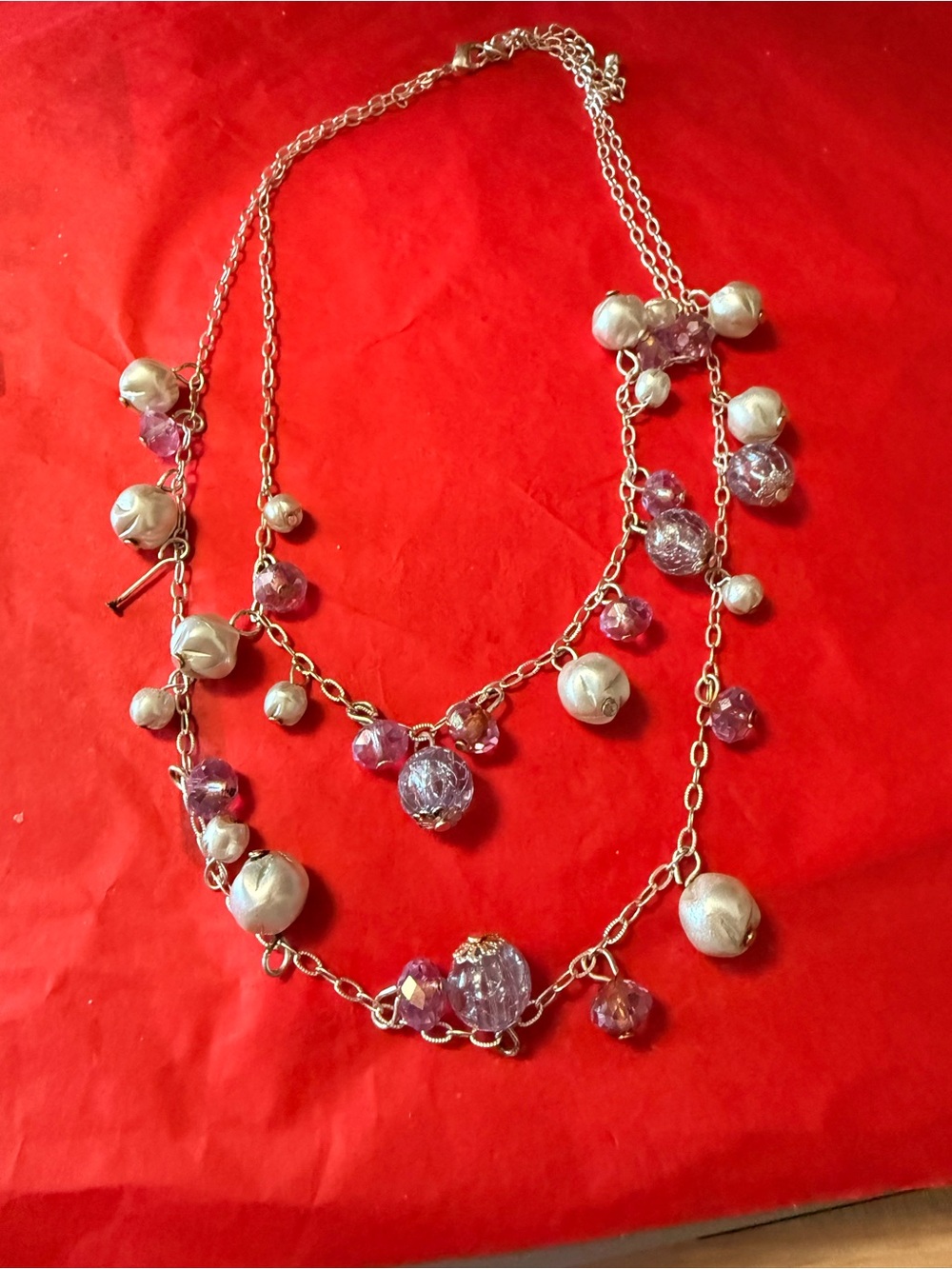Silver Tone Purple Beaded Multi Strand Statement Necklace Faux Pearl AS IS